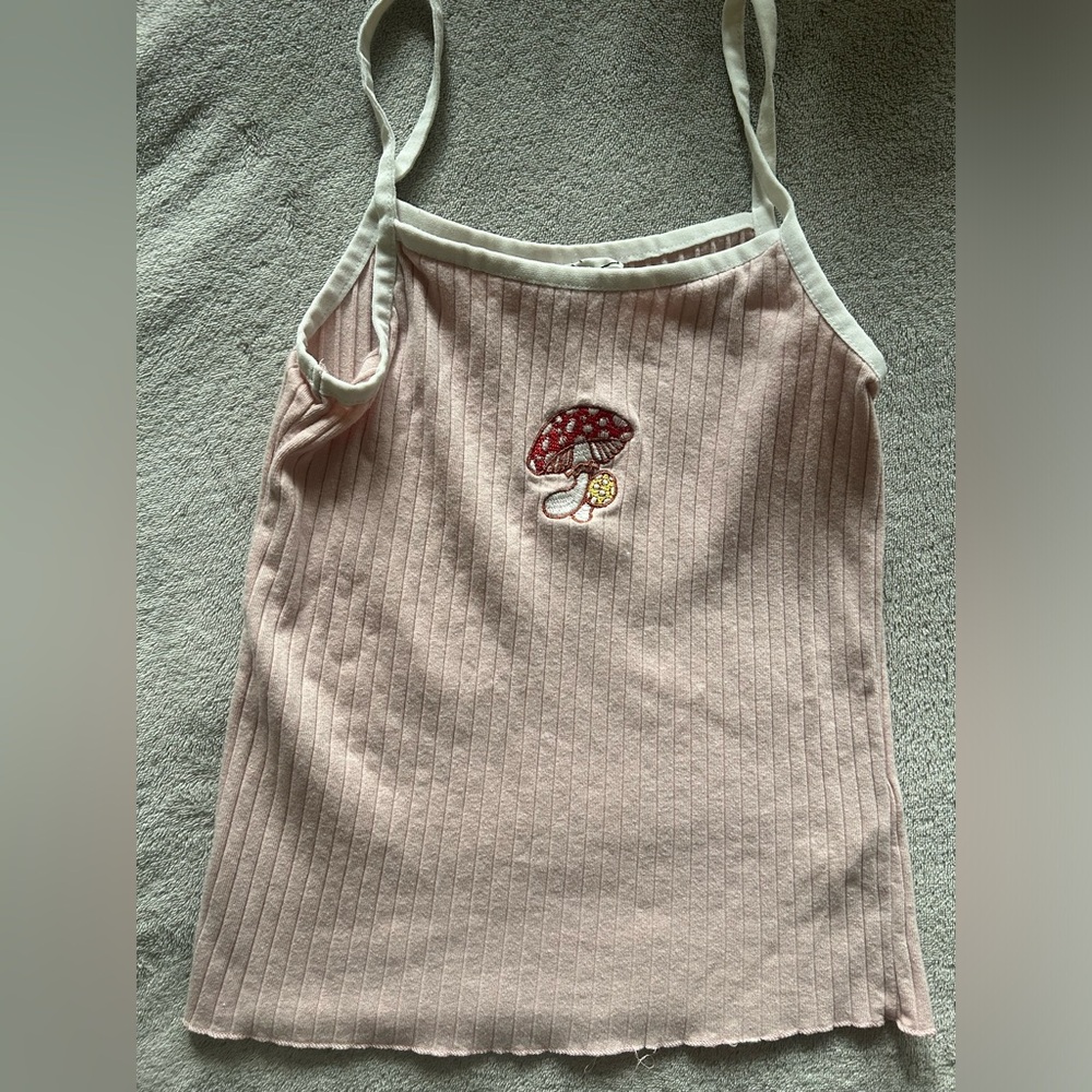 Pink Ribbed Mushroom Embroidered Tank Top